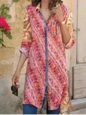 Soft Surrounding Brynn XL Button Tunic Shirt Floral Paisley Silk Velvet Trim